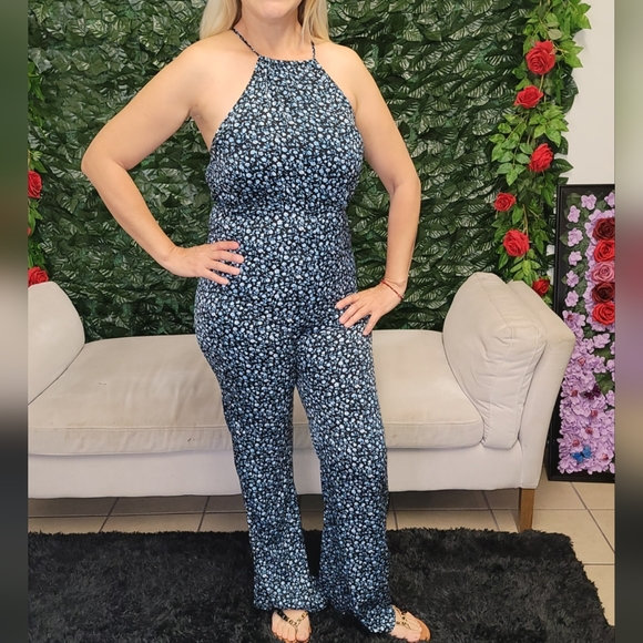 Honey Punch Pants - Women's jumpsuit blue floral strapless elastic zip wide legs